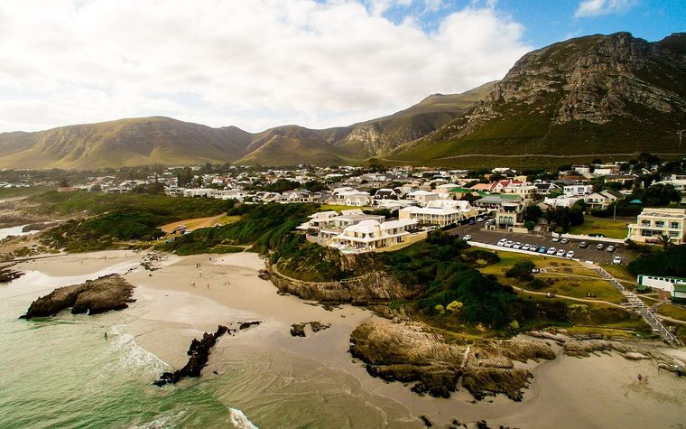 Rugged coastline at Hermanus with the Atlantic Ocean and whales offshore